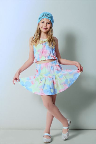 Gril Poplin Floral Light Yellow Mini Skirt 2 Piece Set