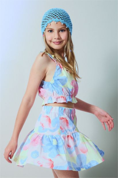 Gril Poplin Floral Light Yellow Mini Skirt 2 Piece Set