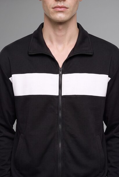 Boxy Fit Fermuarlı Şeritli Sweatshirt Hırka