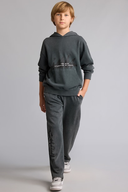 Boy Loose Fit Cotton Printed Grey Sweatpants