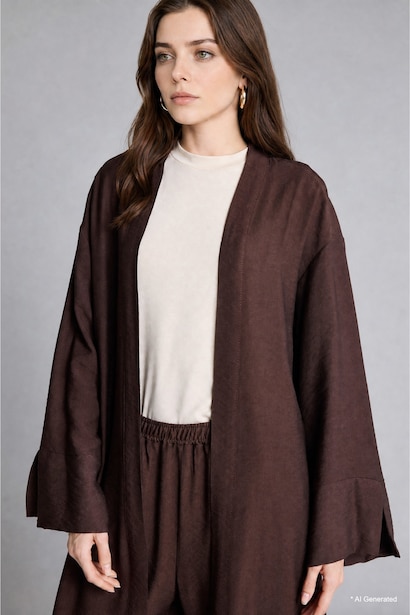 Regular Fit Brown Long Sleeve Kimono