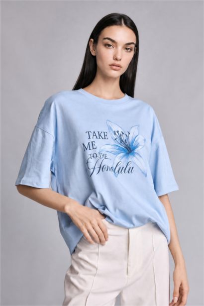 Oversize Crew Neck Blue Floral T-Shirt