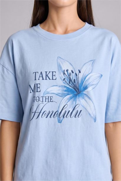 Oversize Crew Neck Blue Floral T-Shirt