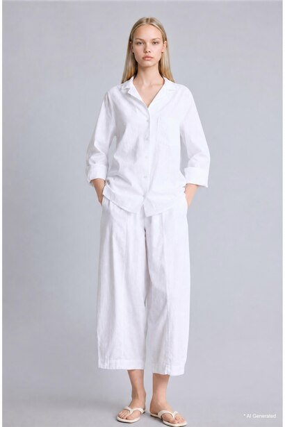 Oversize Fit White Linen Blend Long Sleeve Shirt