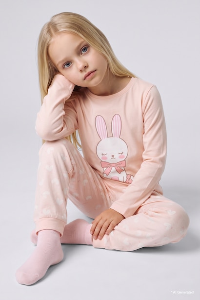 %100 Pamuk 2'li Pijama Takımı Tavşan Baskılı Kız Bebek