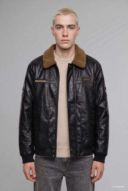 Oversize Shirt Collar Mid-Length Zip-Up Faux Leather Jacket