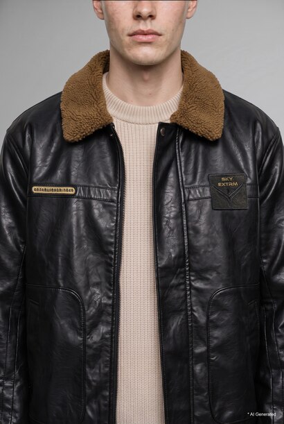 Oversize Shirt Collar Mid-Length Zip-Up Faux Leather Jacket