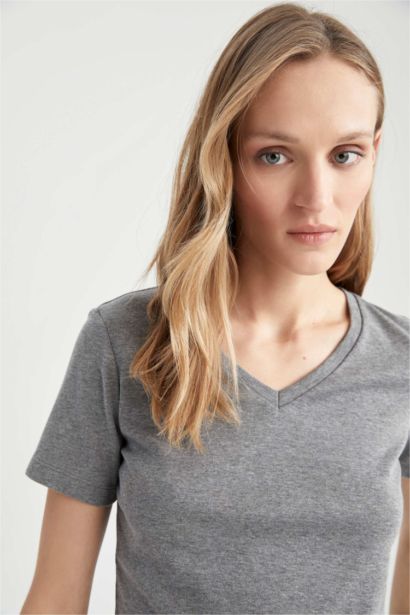 T-shirt slim en coton à manches courtes et col V