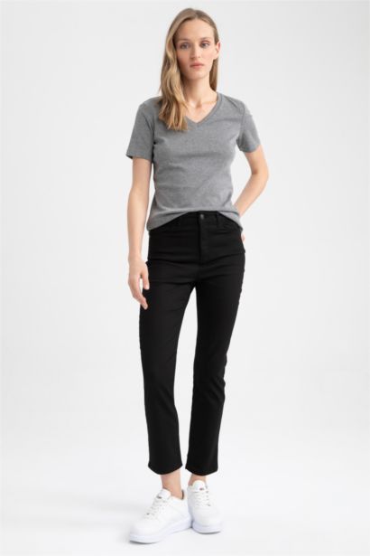 T-shirt slim en coton à manches courtes et col V