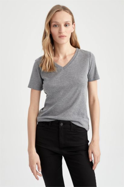 T-shirt slim en coton à manches courtes et col V