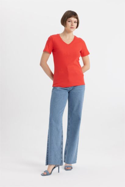 Slim Fit V Neck Ribbed Basic T-Shirt