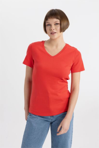 Slim Fit V Neck Ribbed Basic T-Shirt