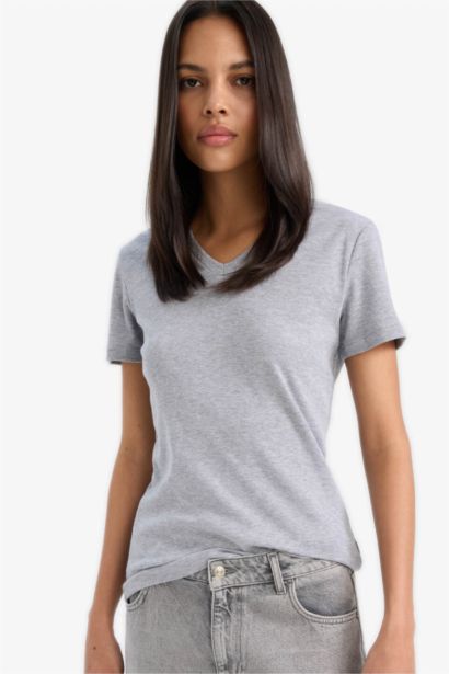 T-Shirt Slim Basique à Manches Courtes et Col en V