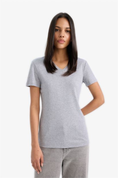 T-Shirt Slim Basique à Manches Courtes et Col en V