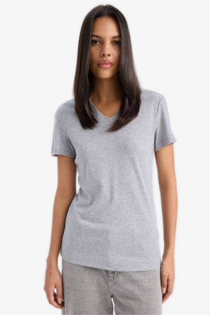 T-Shirt Slim Basique à Manches Courtes et Col en V