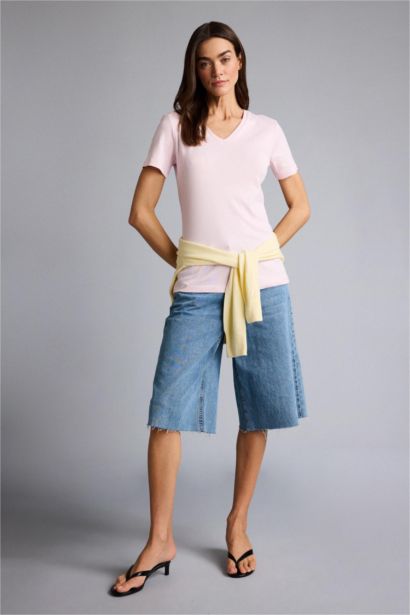 Slım Fıt V Yaka Basıc Düz Ribana Kısa Kollu Tişört