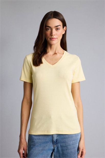Slım Fıt V Yaka Basıc Düz Ribana Kısa Kollu Tişört