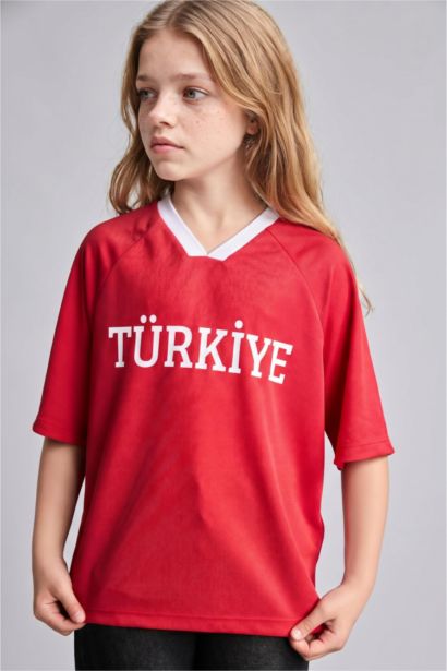 V Yaka Türkiye Baskılı Tişört Kız Çocuk