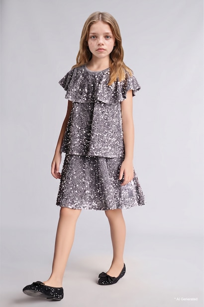 Girl Sequin Embellished Ruffled Dress