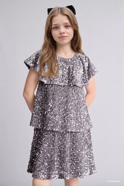 Girl Sequin Embellished Ruffled Dress