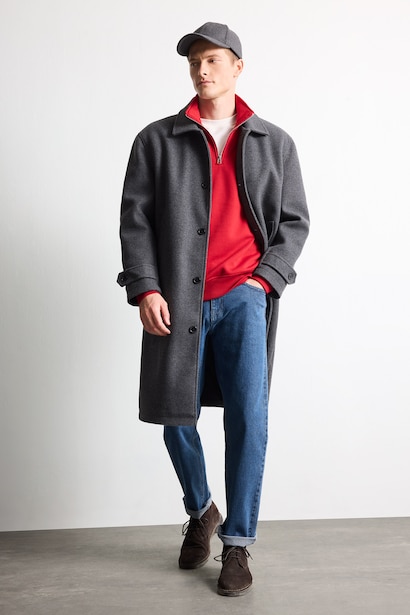 Regular Fit Buttoned Wool Blend Coat
