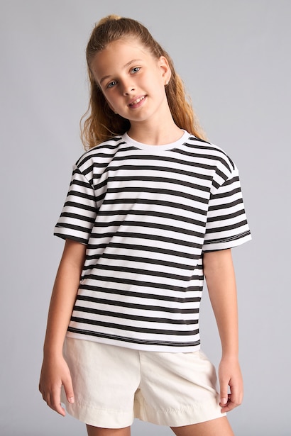 T-shirt rayé à col rond et manches courtes en coton 100% pour fille