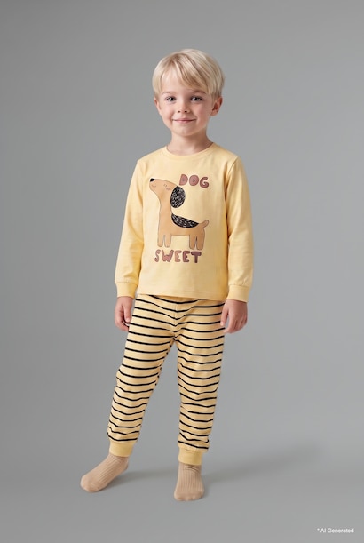 2'li Pijama Takım Baskılı Çizgili Erkek Bebek