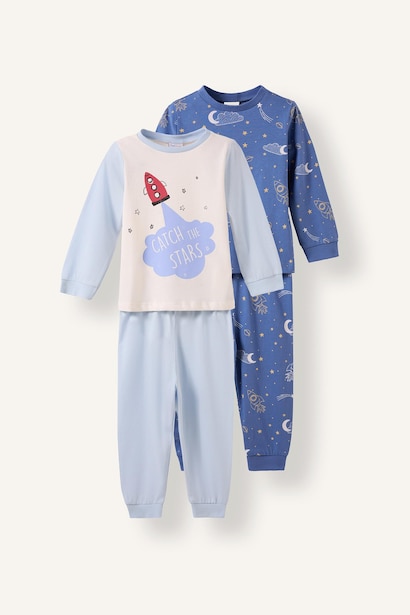 %100 Pamuk 2'li Pijama Takım Desenli Erkek Bebek