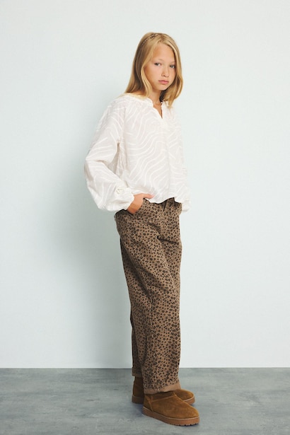 Girls Baggy Fit Leopard Print Stretch Gabardine Trousers