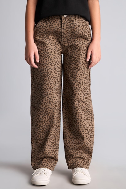 Girls Baggy Fit Leopard Print Stretch Gabardine Trousers