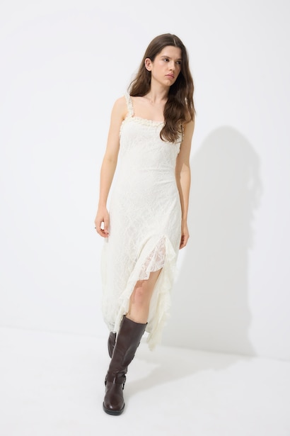A-Line Strappy Lace White Midi Dress