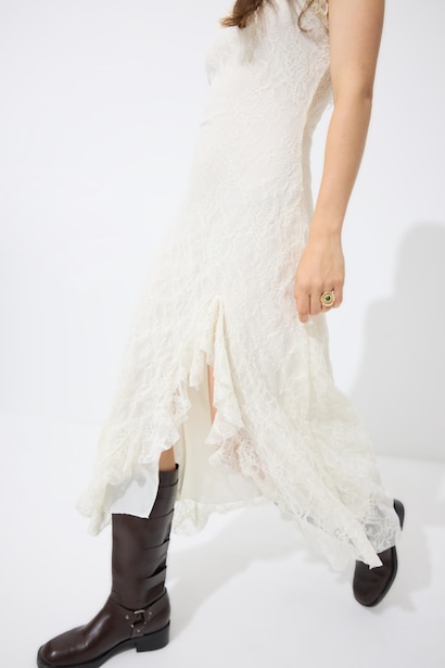 A-Line Strappy Lace White Midi Dress