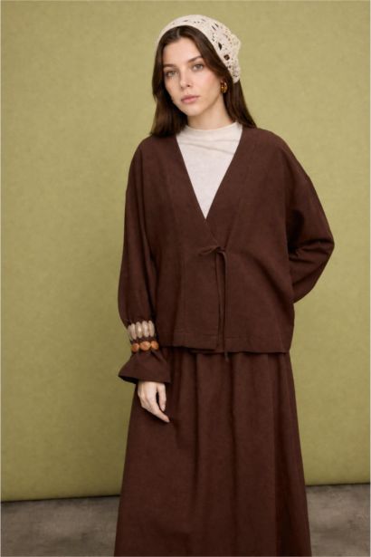 Regular Fit Linen Blend Brown Kimono