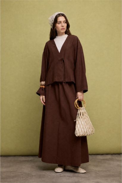 Regular Fit Linen Blend Brown Kimono