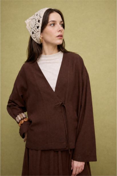 Regular Fit Linen Blend Brown Kimono