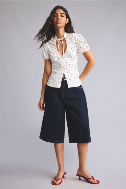 Fitted Kısa Kollu Poplin Puantiyeli Gömlek
