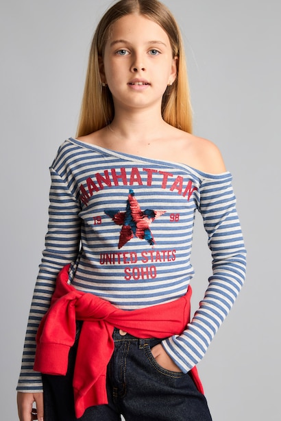 Girl Fitted Boat Neck Printed Ribbed T-Shirt
