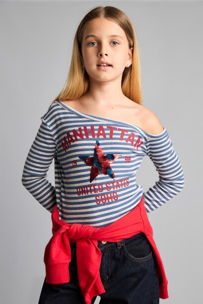 Girl Fitted Boat Neck Printed Ribbed T-Shirt
