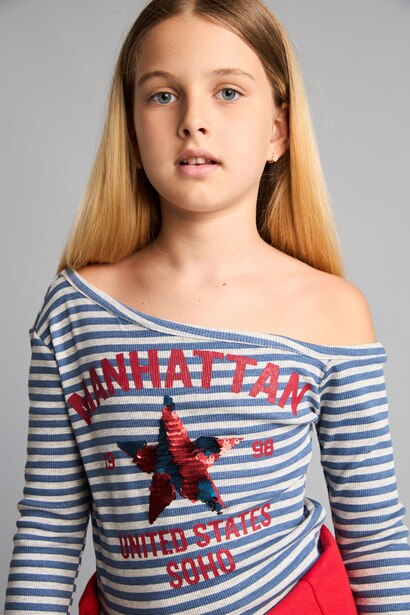 Girl Fitted Boat Neck Printed Ribbed T-Shirt
