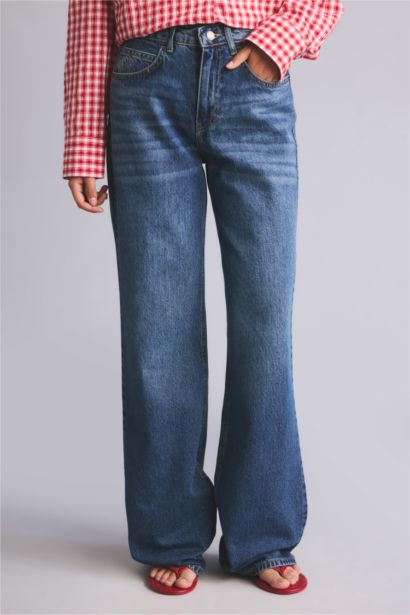 %100 Pamuk Straight Fit Yüksek Bel Jean Pantolon