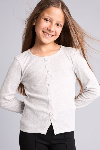 Girl Cotton Fitted Button-Down Ribbed T-Shirt