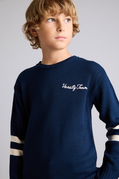 Oversize Nakışlı Çizgili Kazak Erkek Çocuk