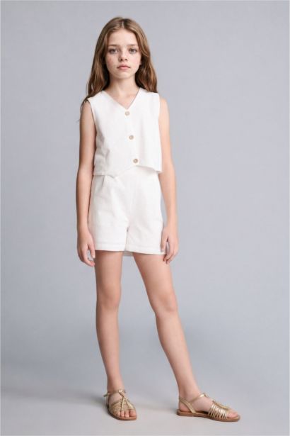 Girl Cotton Buttoned Vest Top Shorts 2 Piece Set