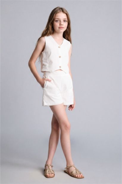 Girl Cotton Buttoned Vest Top Shorts 2 Piece Set