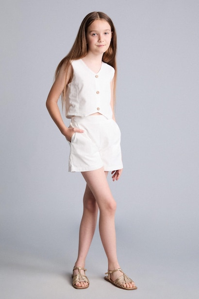 Girl Cotton Buttoned Vest Top Shorts 2 Piece Set