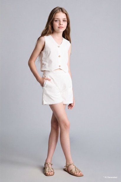 Girl Cotton Buttoned Vest Top Shorts 2 Piece Set