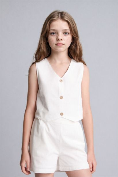 Girl Cotton Buttoned Vest Top Shorts 2 Piece Set