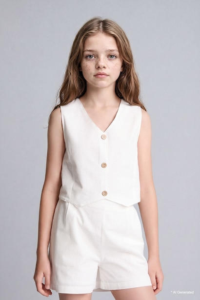 Girl Cotton Buttoned Vest Top Shorts 2 Piece Set