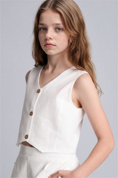 Girl Cotton Buttoned Vest Top Shorts 2 Piece Set