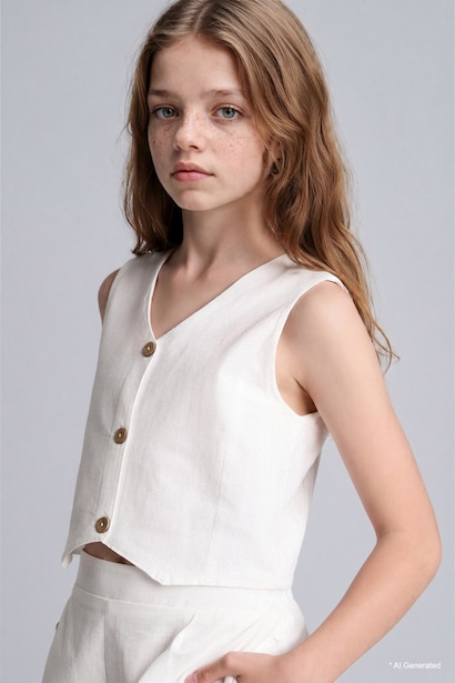 Girl Cotton Buttoned Vest Top Shorts 2 Piece Set